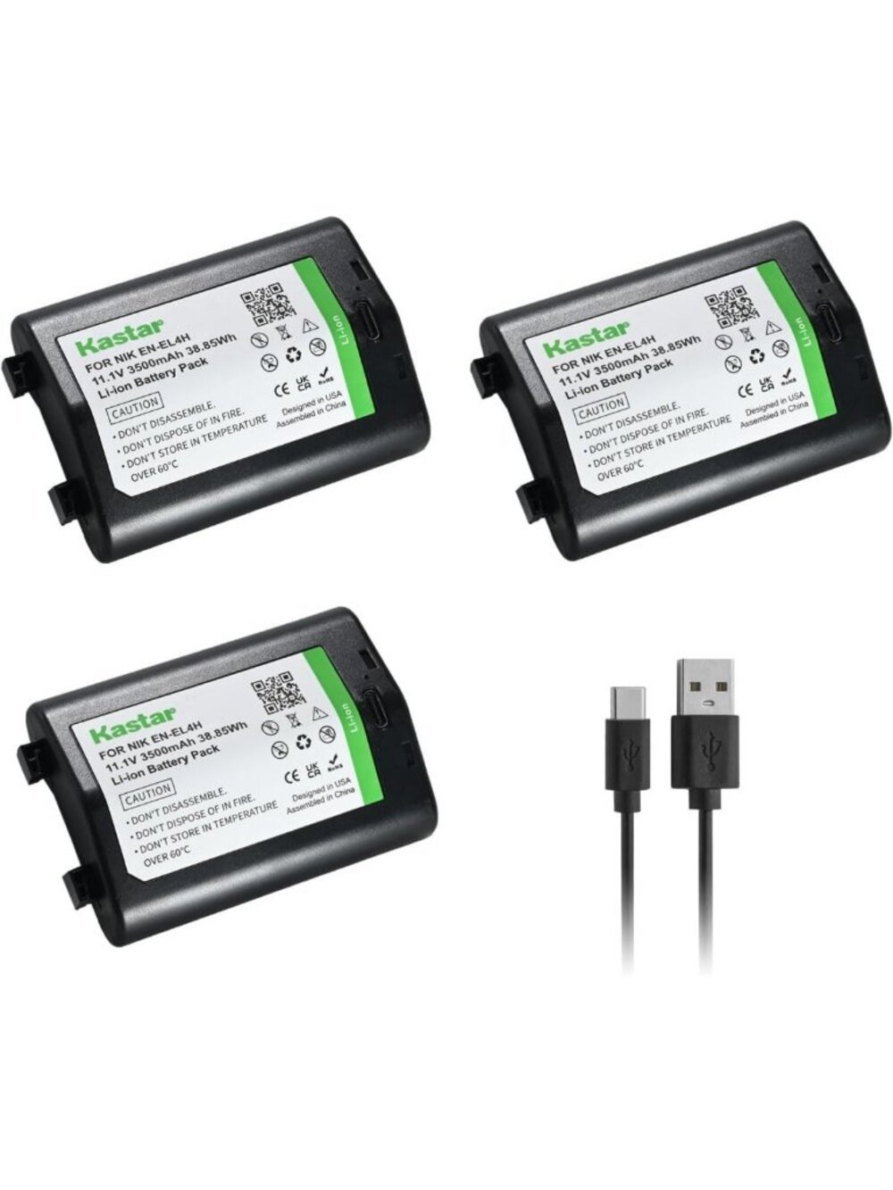 3-Pack Type-C Rechargeable Battery for Nikon D2 D3 Series Cameras - EN-EL4